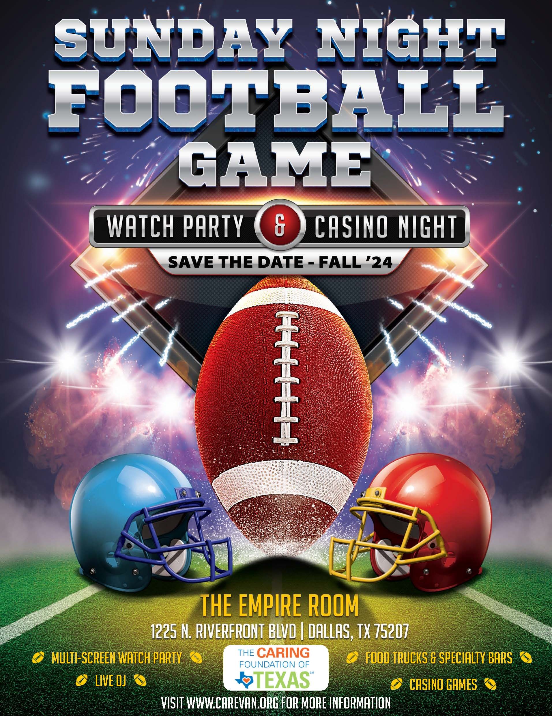 Promotional poster for a Sunday night football game viewing party at the Empire Room in Dallas, Texas, featuring a football and helmets, with event details for fall '24.