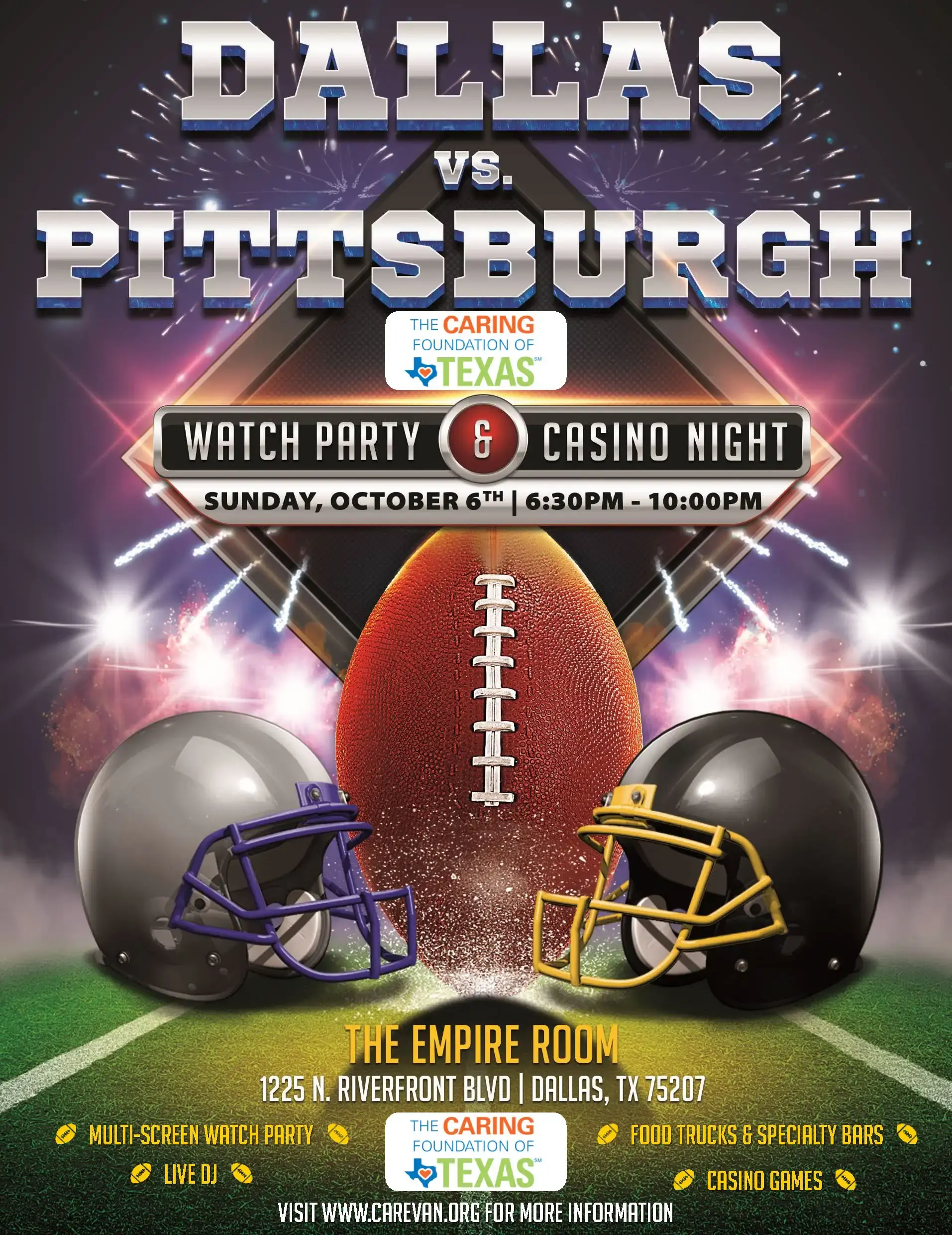 Promotional poster for a Sunday night football game viewing party at the Empire Room in Dallas, Texas, featuring a football and helmets, with event details for fall '24.