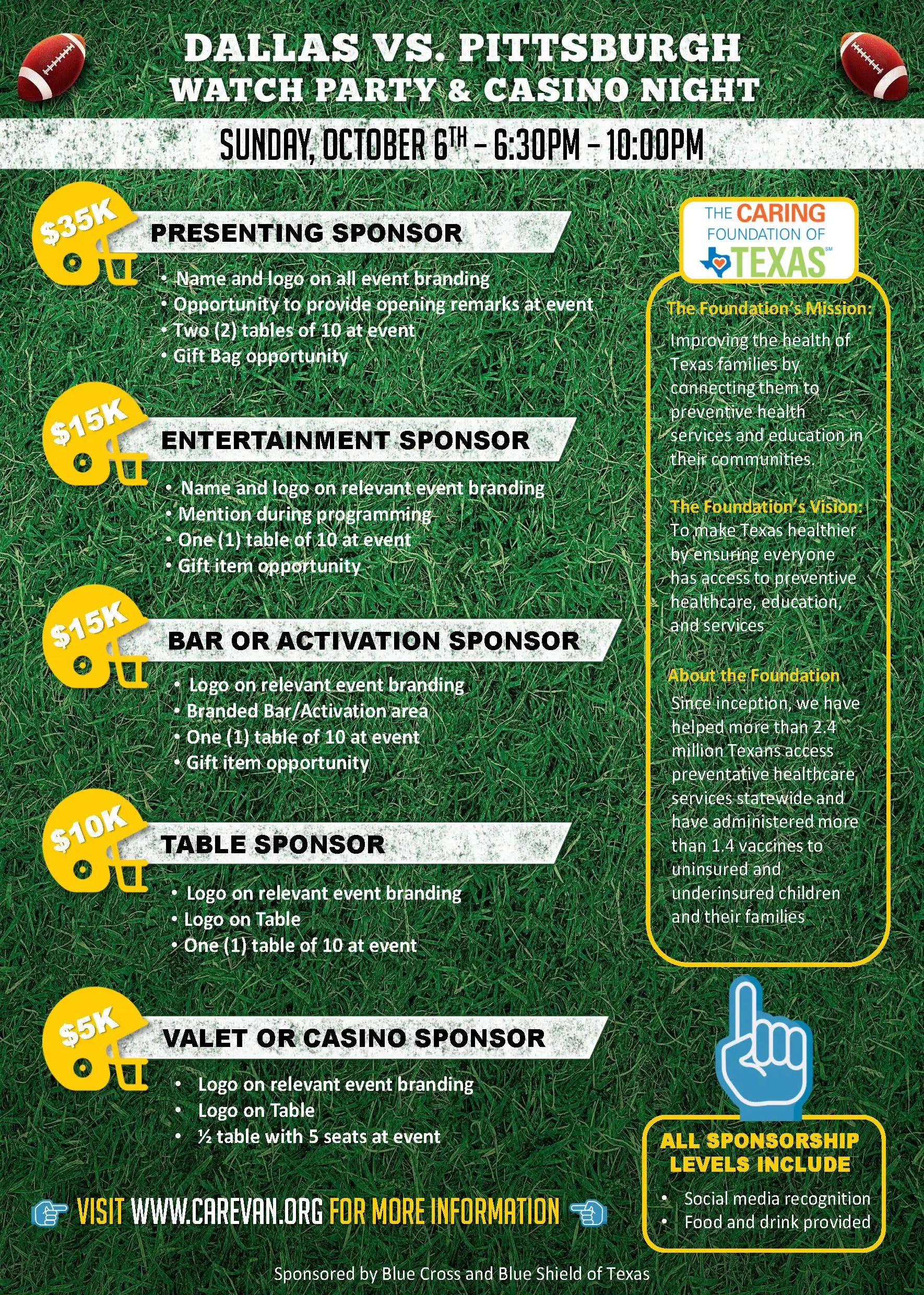 Promotional flyer for a fall 2024 fundraising event by the Caring Foundation of Texas, detailing sponsorship opportunities and event features.